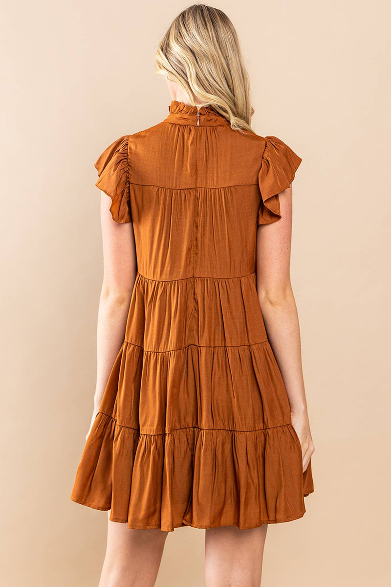 CAMEL TIERED RUFFLE SLEEVE DRESS-TCEC