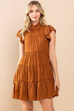 CAMEL TIERED RUFFLE SLEEVE DRESS-TCEC