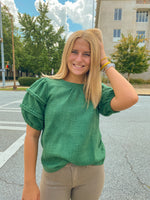 GREEN BRAID DETAILED PUFF SLEEVE TWEED TOP-VOY