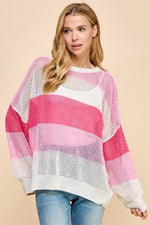 PINK SHEER STRIPED COLOR BLOCK KNIT SWEATER-TCEC