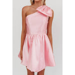 ONE SHOULDER BOW TIE MINI DRESS: BLUSH / XS-Saints & Secrets