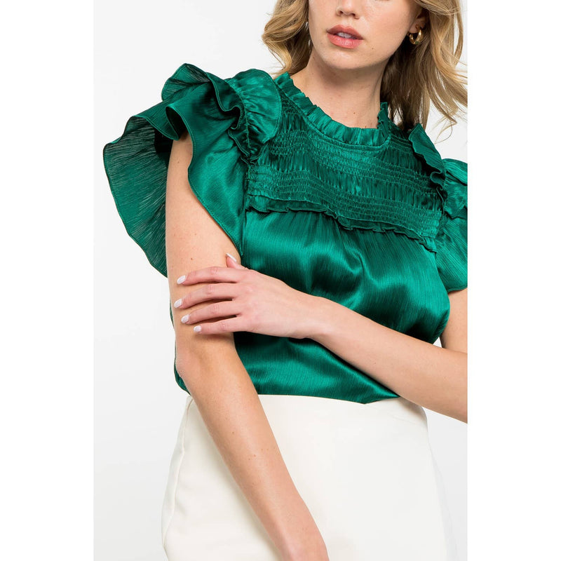 GREEN SATIN FLUTTER SLEEVE TEXTURED TOP-THML