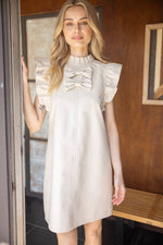 CREAM/IVORY FAUX LEATHER RIBBON RUFFLE DRESS-VOY