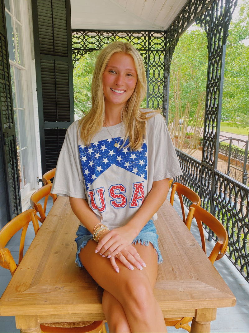 USA FLAG GRAPHIC LONG CROP STONE TEE-Rustee Clothing-Sissy Boutique