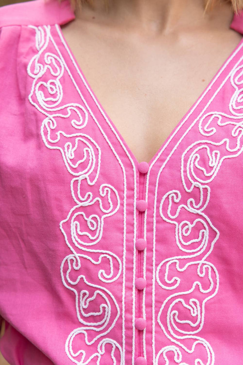 PINK EMBROIDERED BUBBLE SLEEVE TOP-VOY