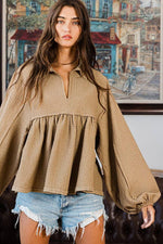 Taupe Collared Split Neck Top-BUCKETLIST