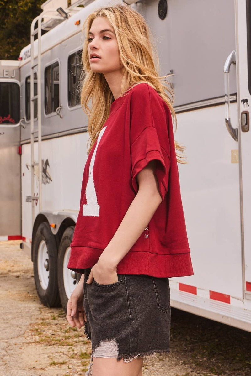 'A' LOGO DARK RED ALABAMA OVERSIZED SHORT SLEEVE PULLOVER-Oddi