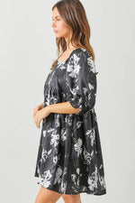 BLACK AND WHITE FLORAL SQUARE NECK MINI DRESS-Baevely by Wellmade USA