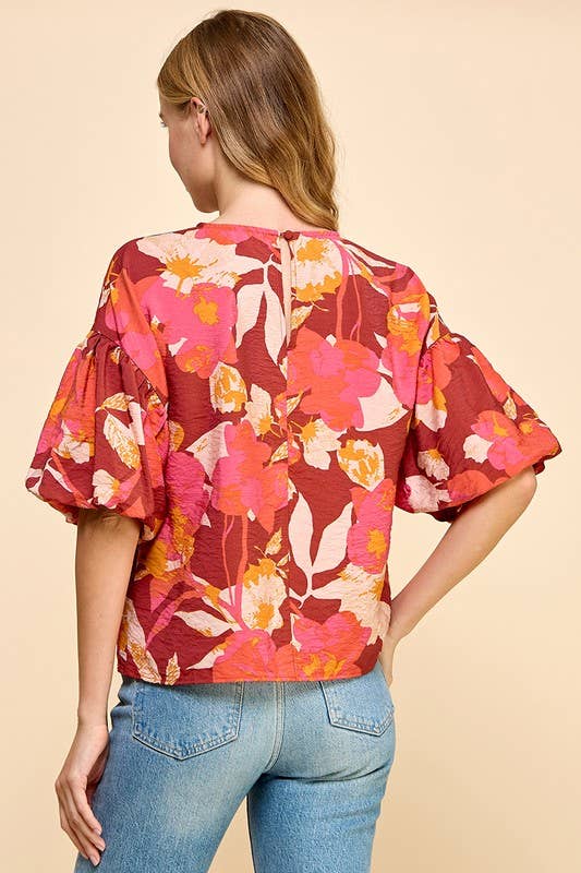 BURGUNDY CORAL FLORAL PRINTED SHORT BALLOON SLEEVES TOP-TCEC