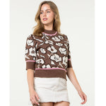 BROWN PINK AND BLACK FLOWER KNIT SHORT SLEEVE MOCK NECK SWEATER-THML