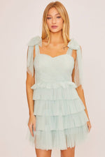 DUSTY SAGE RUFFLED MINI DRESS WITH SHOULDER SELF TIES-Baevely by Wellmade USA