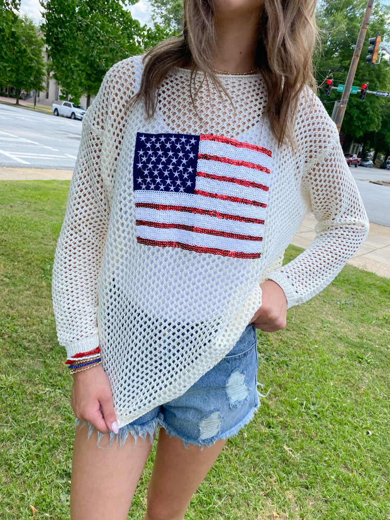 OFF-WHITE SEQUIN AMERICAN FLAG MESH LONG SLEEVE SWEATER-Bibi-Sissy Boutique