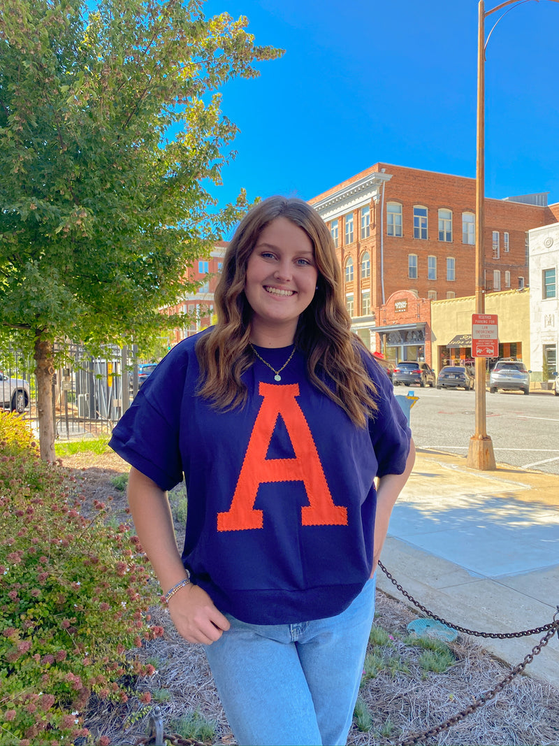 'A' LOGO ORANGE AND NAVY AUBURN OVERSIZED SHORT SLEEVE PULLOVER-Oddi-Sissy Boutique