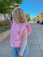 PINK RIBBON BOW PRINTED PUFFER JACKET WITH RUFFLE-Main Strip