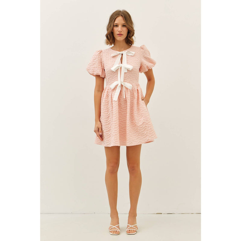 BUBBLE TEXTURED BOW TIE FRONT MINI DRESS-idem ditto-Sissy Boutique