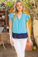 PLEATED CONTRAST BLUE HEM RUFFLE V NECK TOP-VOY