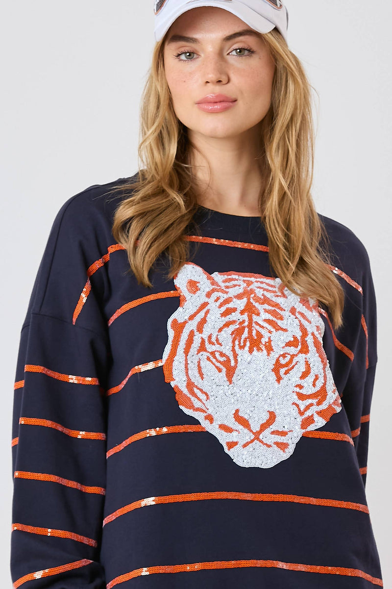 NAVY AUBURN TIGER HEAD SEQUINED STRIPED PULLOVER-Fantastic Fawn