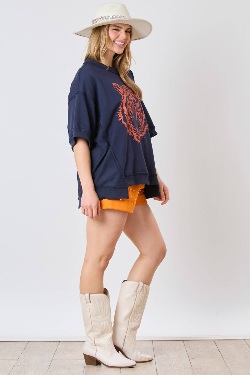 NAVY AND ORANGE AUBURN TIGER HEAD SEQUINS EMBROIDERY SHORT SLEEVE TOP-Fantastic Fawn