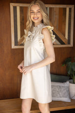 CREAM/IVORY FAUX LEATHER RIBBON RUFFLE DRESS-VOY