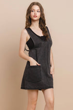 CHARCOAL BLACK DENIM OVERALL DRESS WITH FRONT POCKETS-TCEC