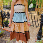 BROWN AND BABY BLUE COLOR BLOCKED TIERED MAXI DRESS-Peach Love California-Sissy Boutique