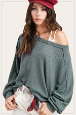 TEAL BRUSHED WAFFLE KNIT LOOSE FIT LONG SLEEVE TOP-La Miel