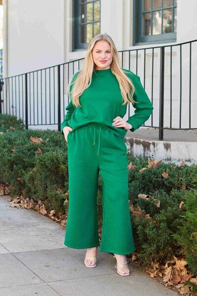 Textured Long Sleeve Top and Drawstring Pants Set-Double Take