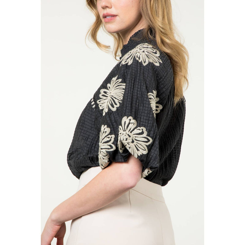 BLACK AND CREAM EMBROIDERED PUFF SLEEVE TOP-THML