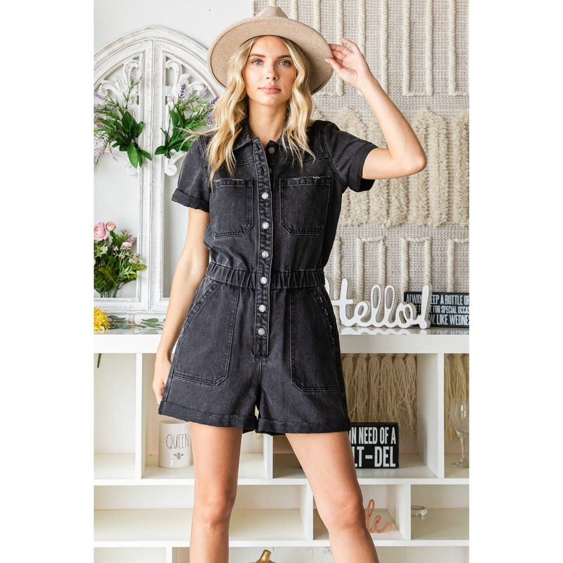 ELASTIC WAIST BAND DENIM ROMPER: BLACK WASH / S-Veveret