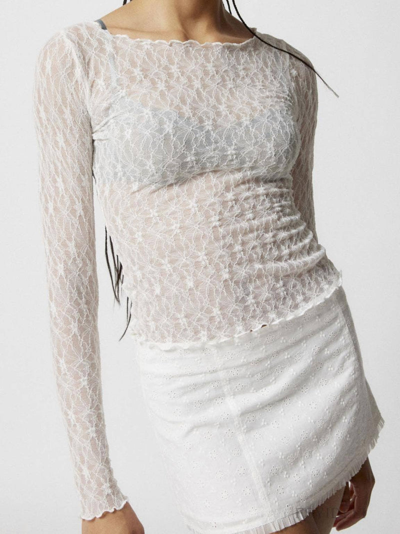 WHITE SEMI-SHEER LACE CROP TOP-DE VAVE