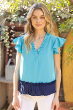 PLEATED CONTRAST BLUE HEM RUFFLE V NECK TOP-VOY