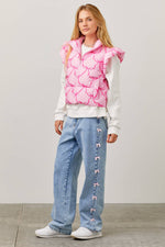 PINK RIBBON BOW PRINTED PUFFER JACKET WITH RUFFLE-Main Strip