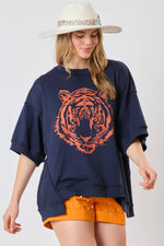 NAVY AND ORANGE AUBURN TIGER HEAD SEQUINS EMBROIDERY SHORT SLEEVE TOP-Fantastic Fawn