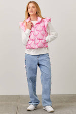 PINK RIBBON BOW PRINTED PUFFER JACKET WITH RUFFLE-Main Strip