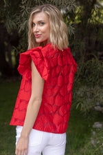 ROSE RED TEXTURED RUFFLE SLEEVE TOP-VOY