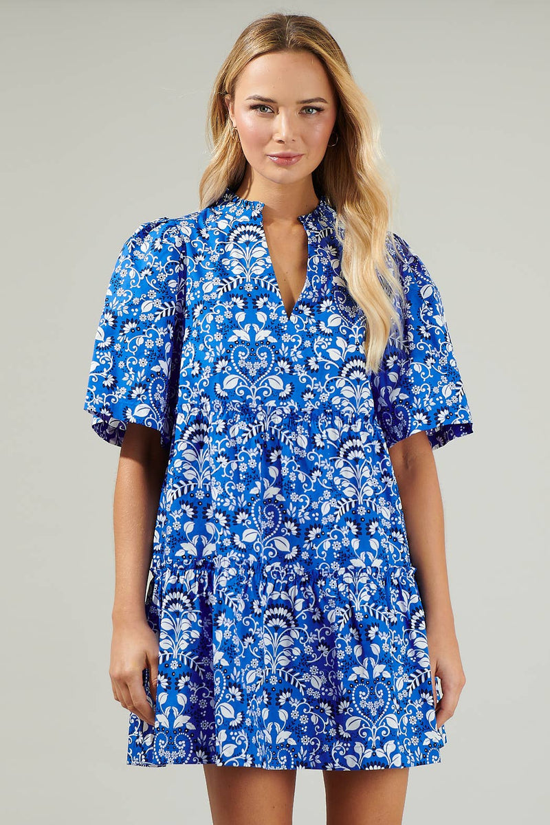 BLUE LULU FLORAL TOMALES SPLIT NECK SHIFT DRESS-Sugarlips