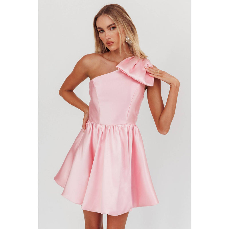 ONE SHOULDER BOW TIE MINI DRESS: BLUSH / XS-Saints & Secrets