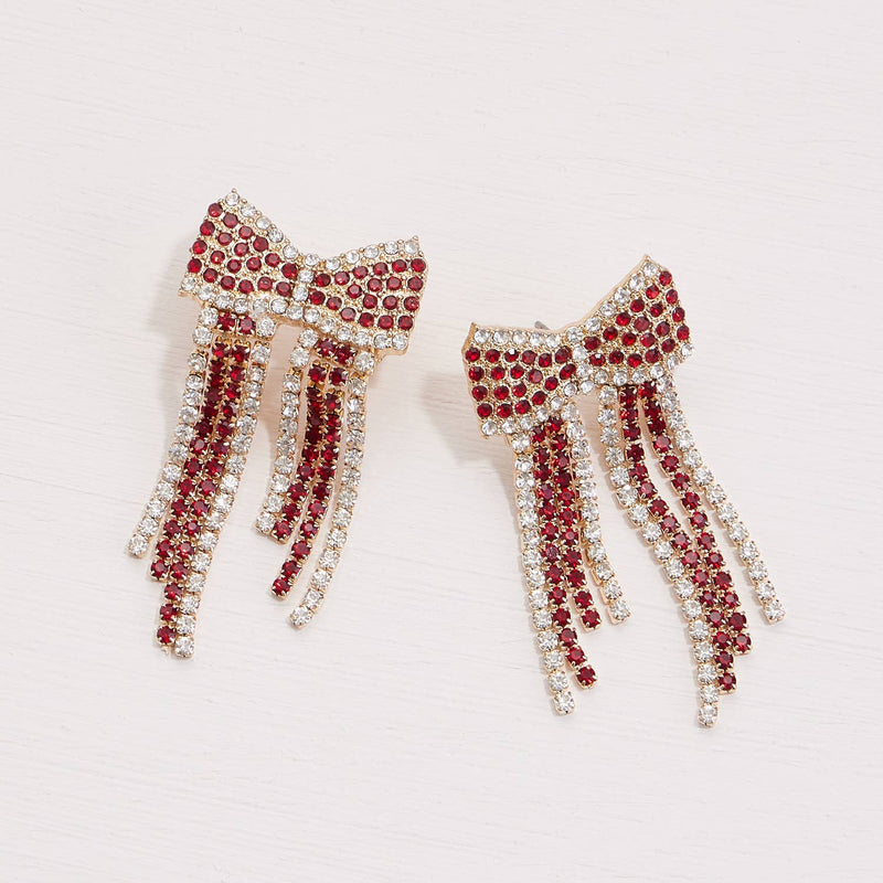 RHINESTONE BOW FRINGES EARRINGS-Frem