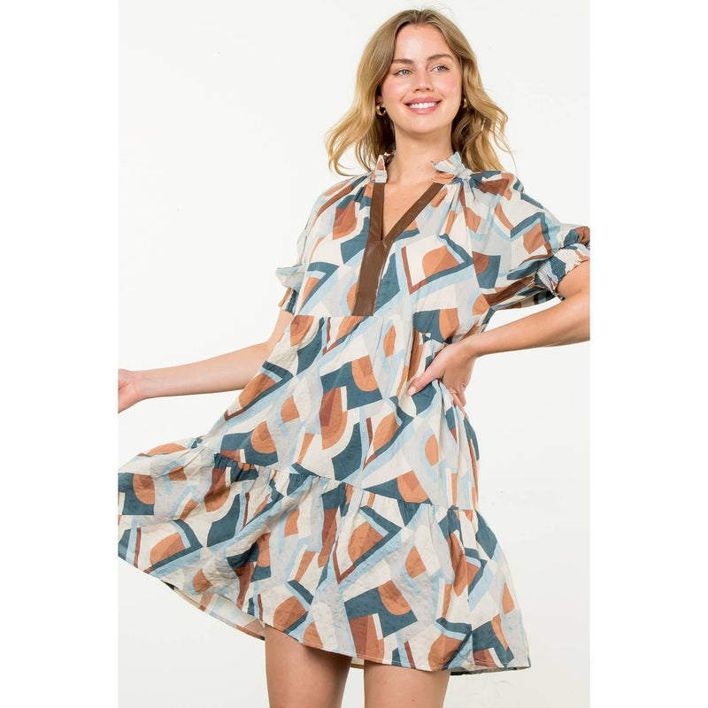 ABSTRACT PRINT DRESS: GRAY / S-THML