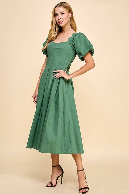 SAGE SWEETHEART NECKLINE PUFF SLEEVE PLEATED MIDI DRESS-TCEC