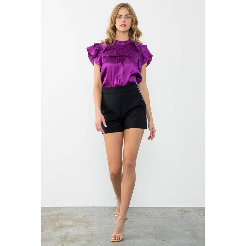 PURPLE SATIN FLUTTER SLEEVE TEXTURED TOP-THML