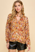 ORANGE FLORAL LONG SLEEVE BLOUSE TOP-TCEC