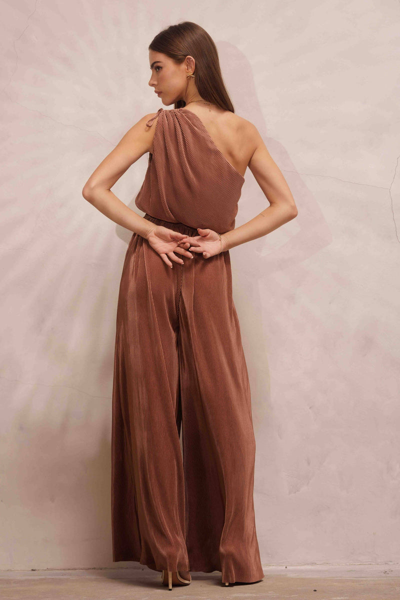 ASYMMETRIC PLEATED JUMPSUIT: DARK BRONZE-Endless Blu