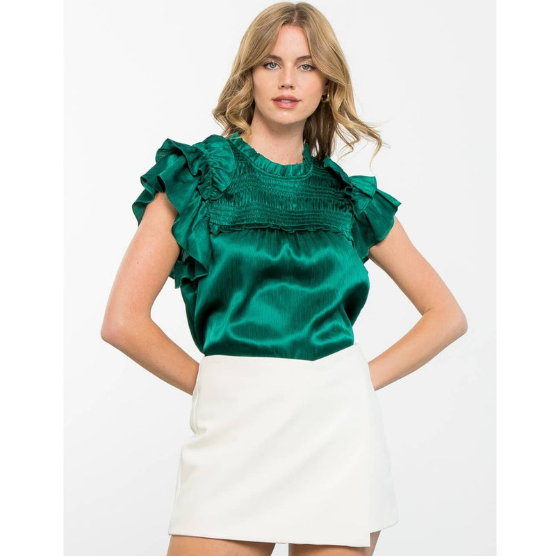 GREEN SATIN FLUTTER SLEEVE TEXTURED TOP-THML