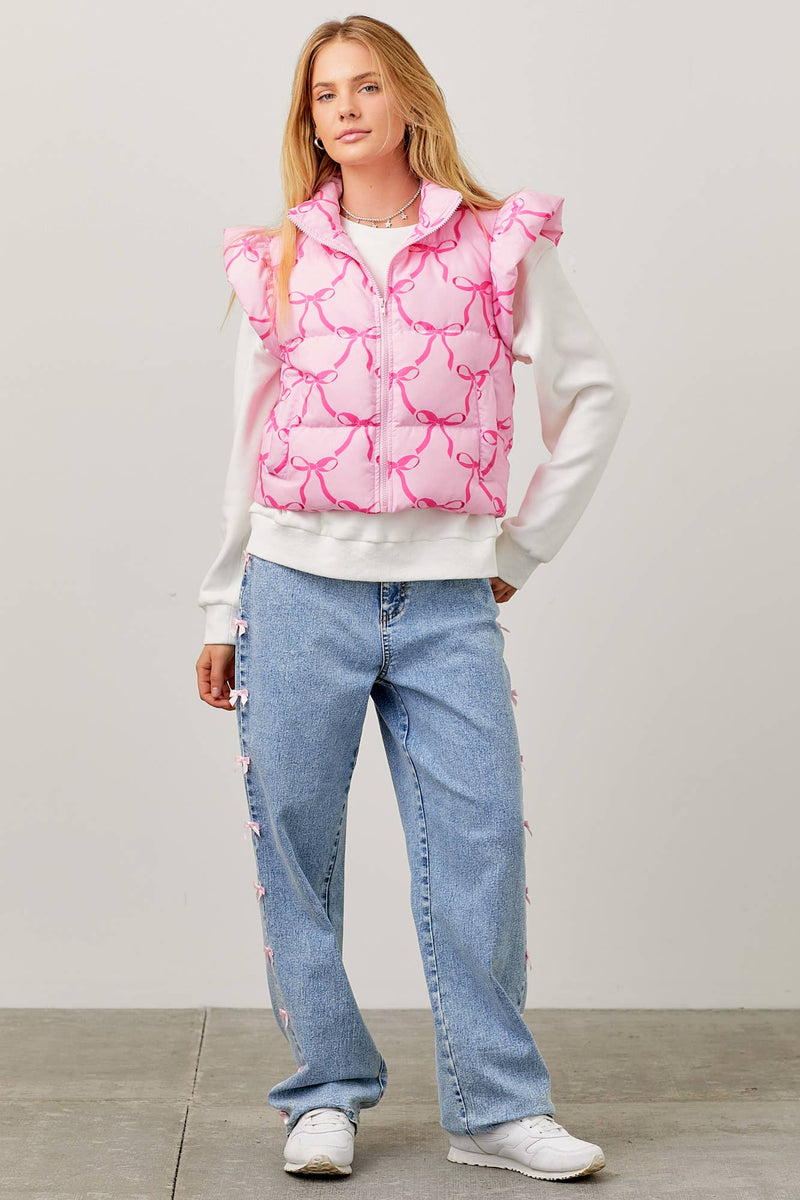 PINK RIBBON BOW PRINTED PUFFER JACKET WITH RUFFLE-Main Strip