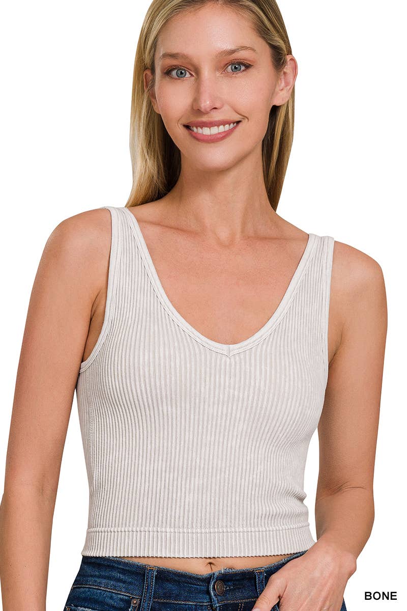 SAND BEIGE WASHED RIB CROP V NECK TANK W/ REMOVABLE BRA-42POPS