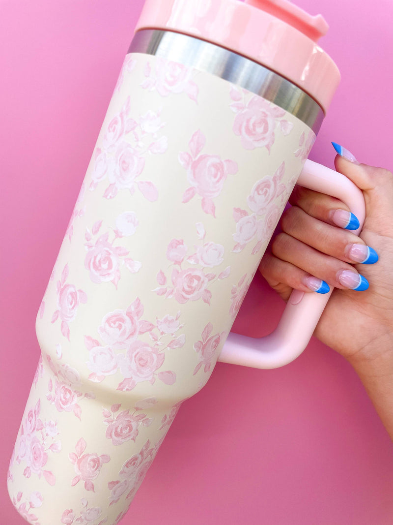 CREAM & PINK FLORAL 40OZ TUMBLER-Rock Paper Scissors