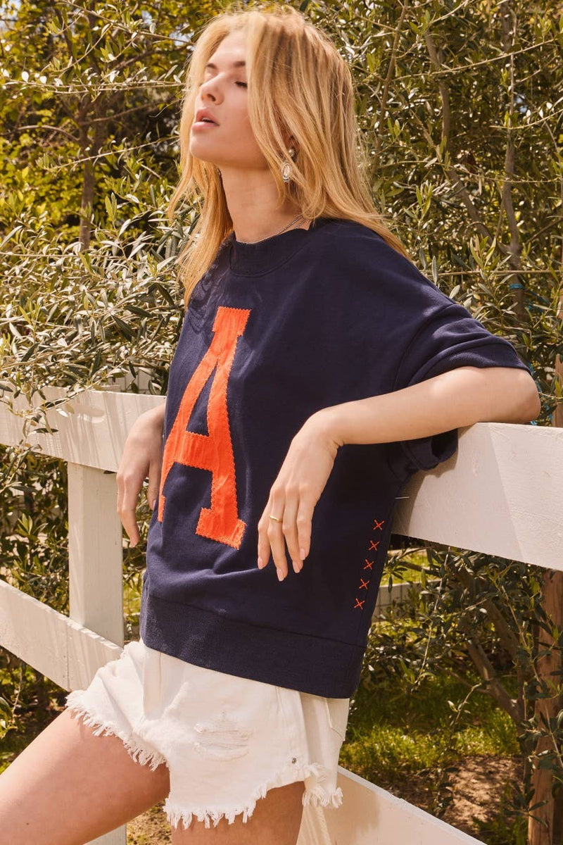 'A' LOGO ORANGE AND NAVY AUBURN OVERSIZED SHORT SLEEVE PULLOVER-Oddi