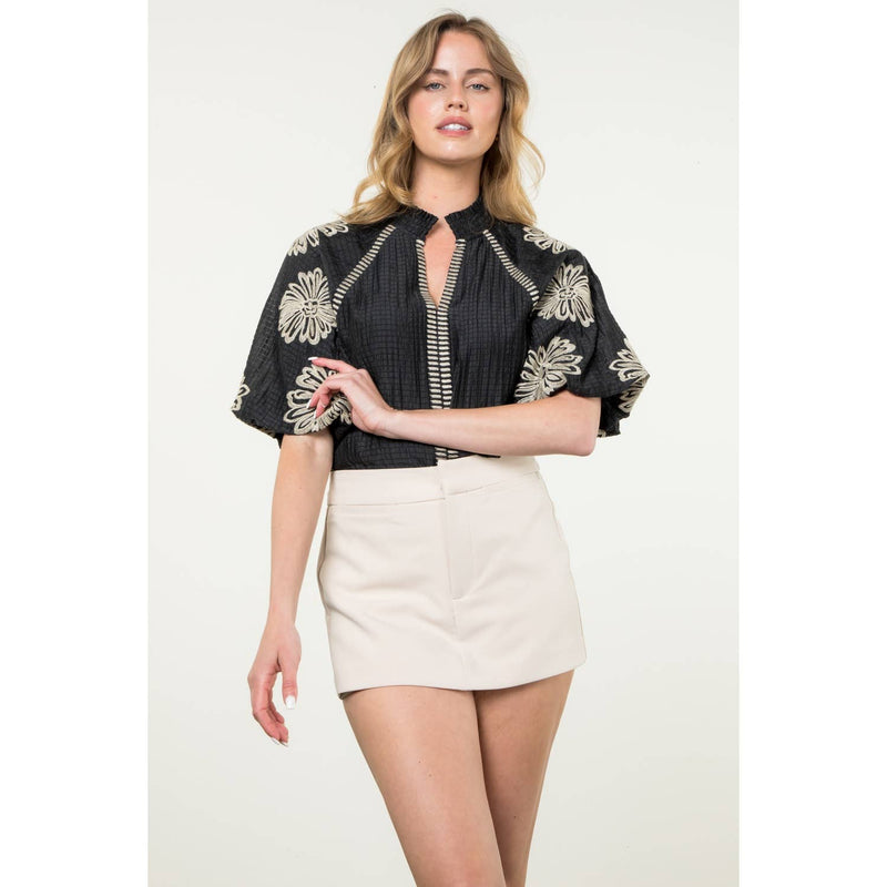 BLACK AND CREAM EMBROIDERED PUFF SLEEVE TOP-THML