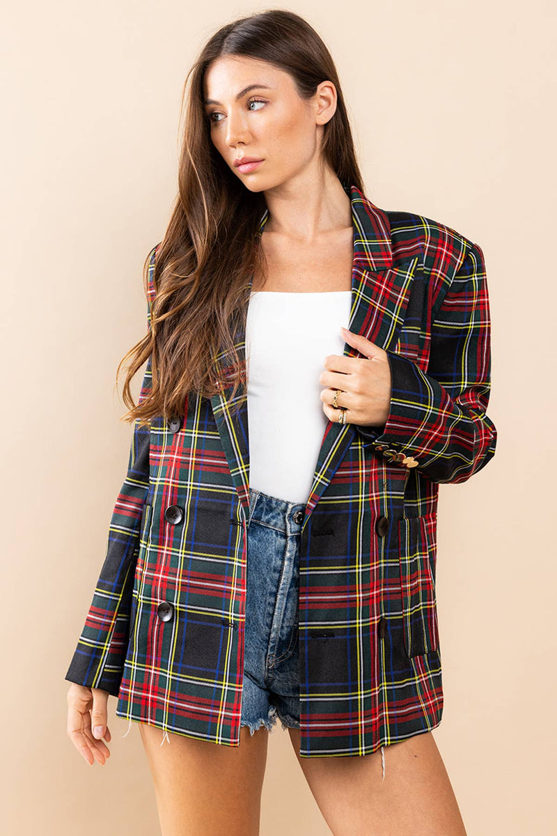 TARTAN PLAID DOUBLE BREASTED BLAZER-Ces Femme